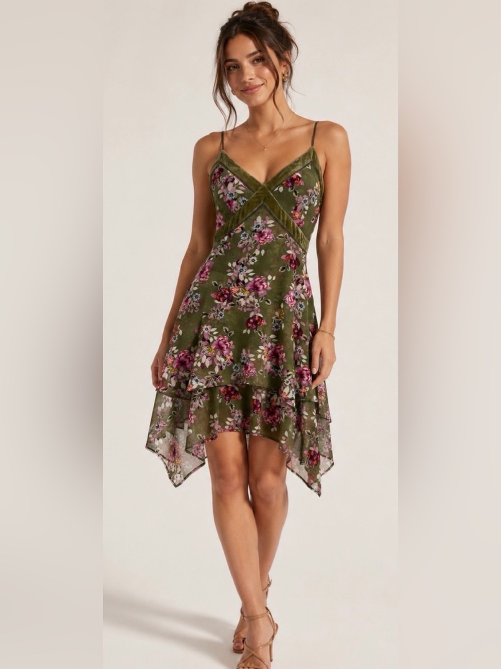 WHBM- Classic Olive Green Floral Chiffon Dress With Velvet Trim